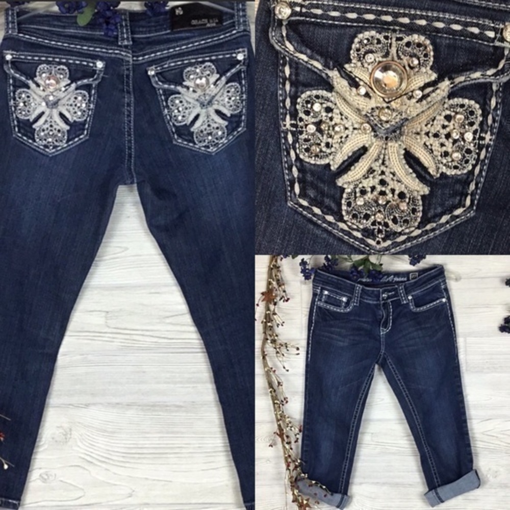 GRACE IN LA Bejeweled Lo Rise Jeans Capris 7 (27)